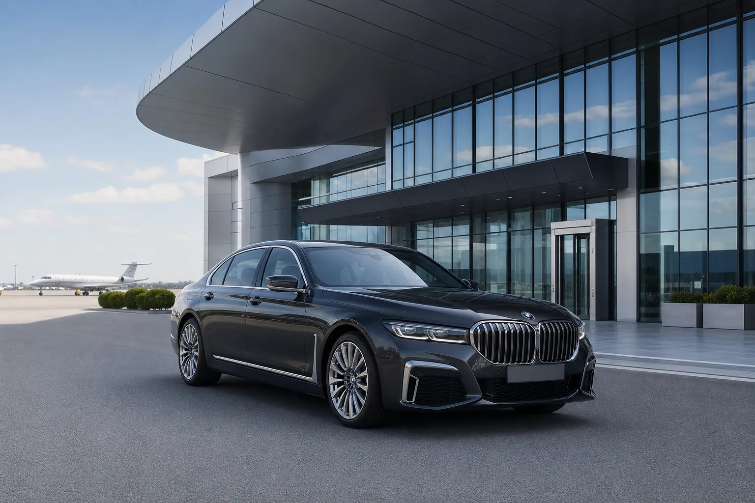 BMW 7 Series — современный executive sedan для бизнес-поездок у private terminal mood