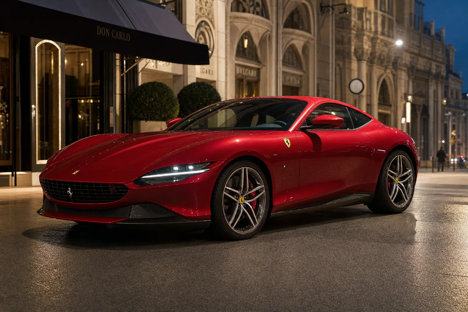 Ferrari Roma — элегантное grand touring coupe в вечернем luxury boulevard mood