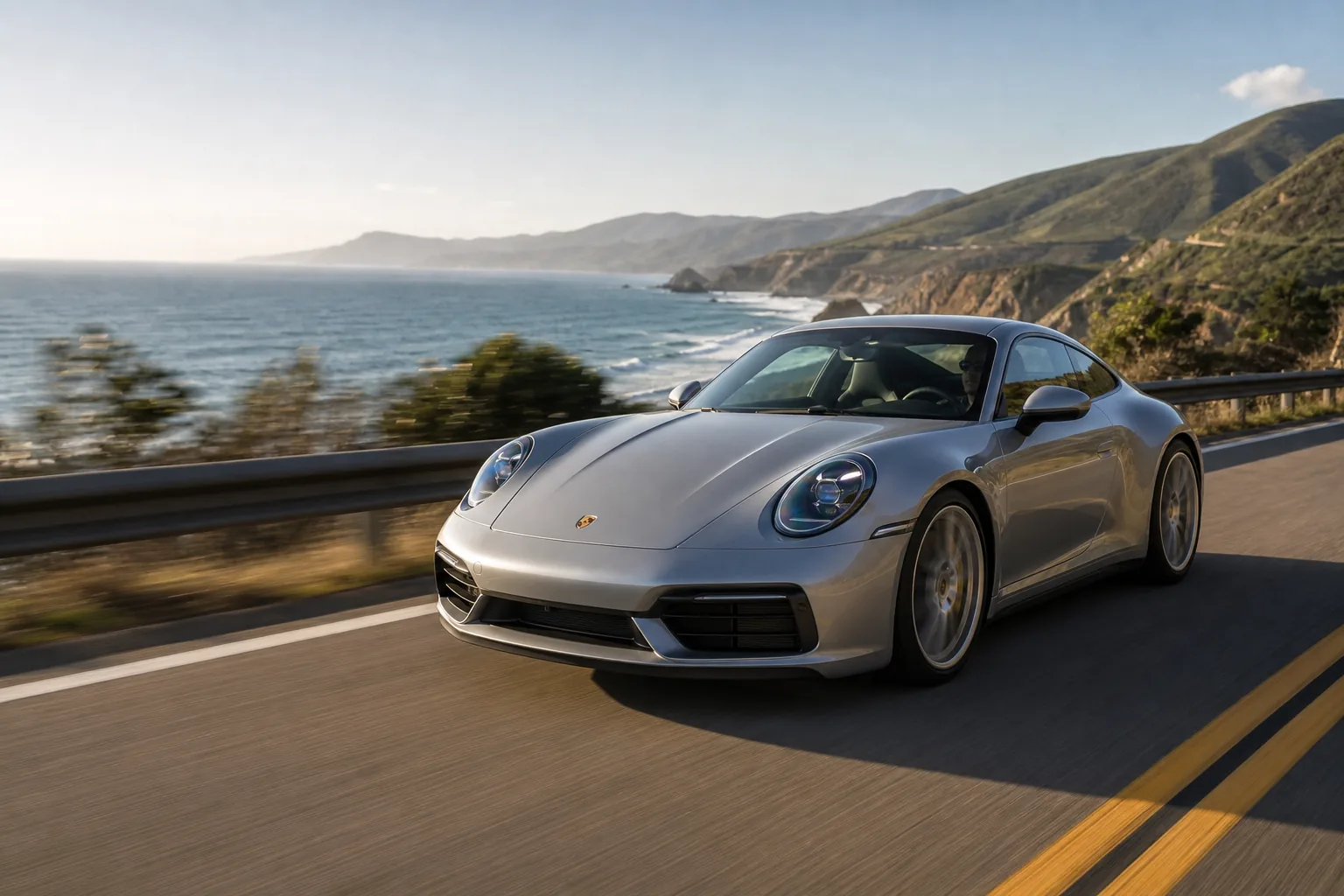 Porsche 911 Carrera — динамичный спорткар на живописной coastal road в cinematic luxury mood