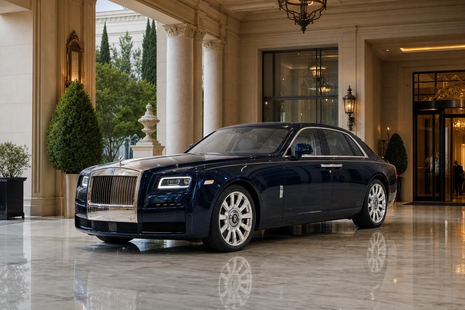 Rolls-Royce Ghost — ультра-люксовый sedan у grand hotel porte-cochere с chauffeur-class elegance