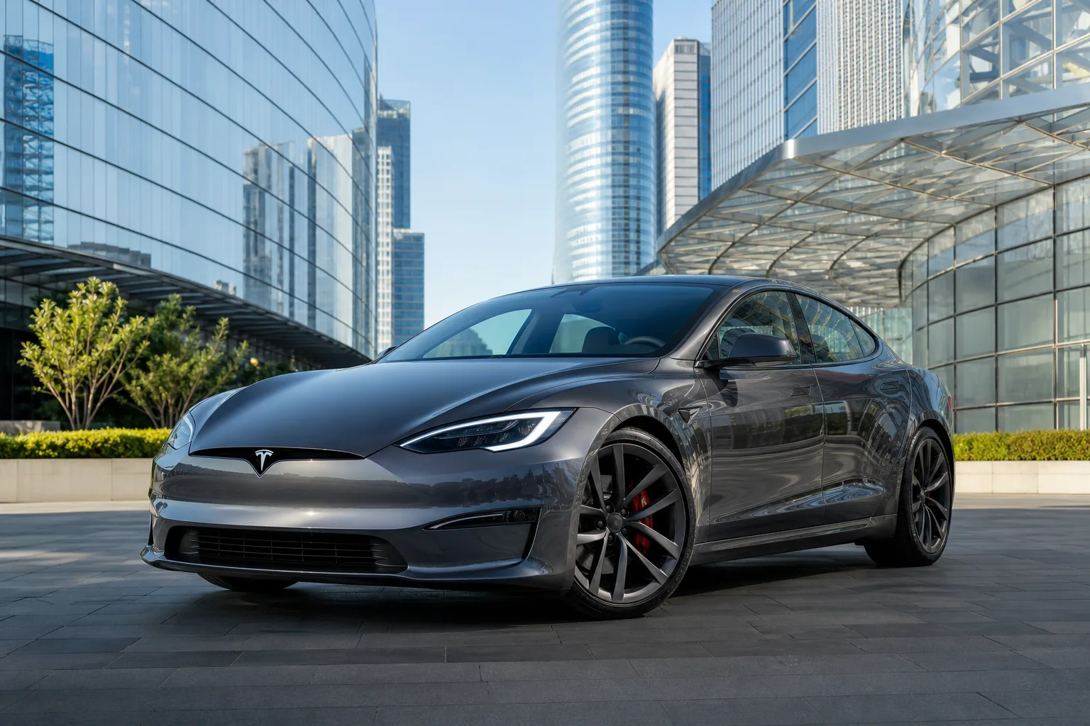 Tesla Model S — чистый futuristic premium mobility shot на фоне современной glass architecture
