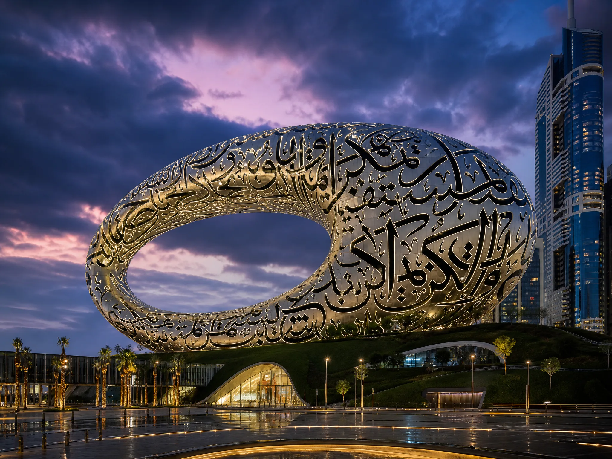 Museum of the Future — iconic oval building с Arabic calligraphy facade в polished luxury city photography style