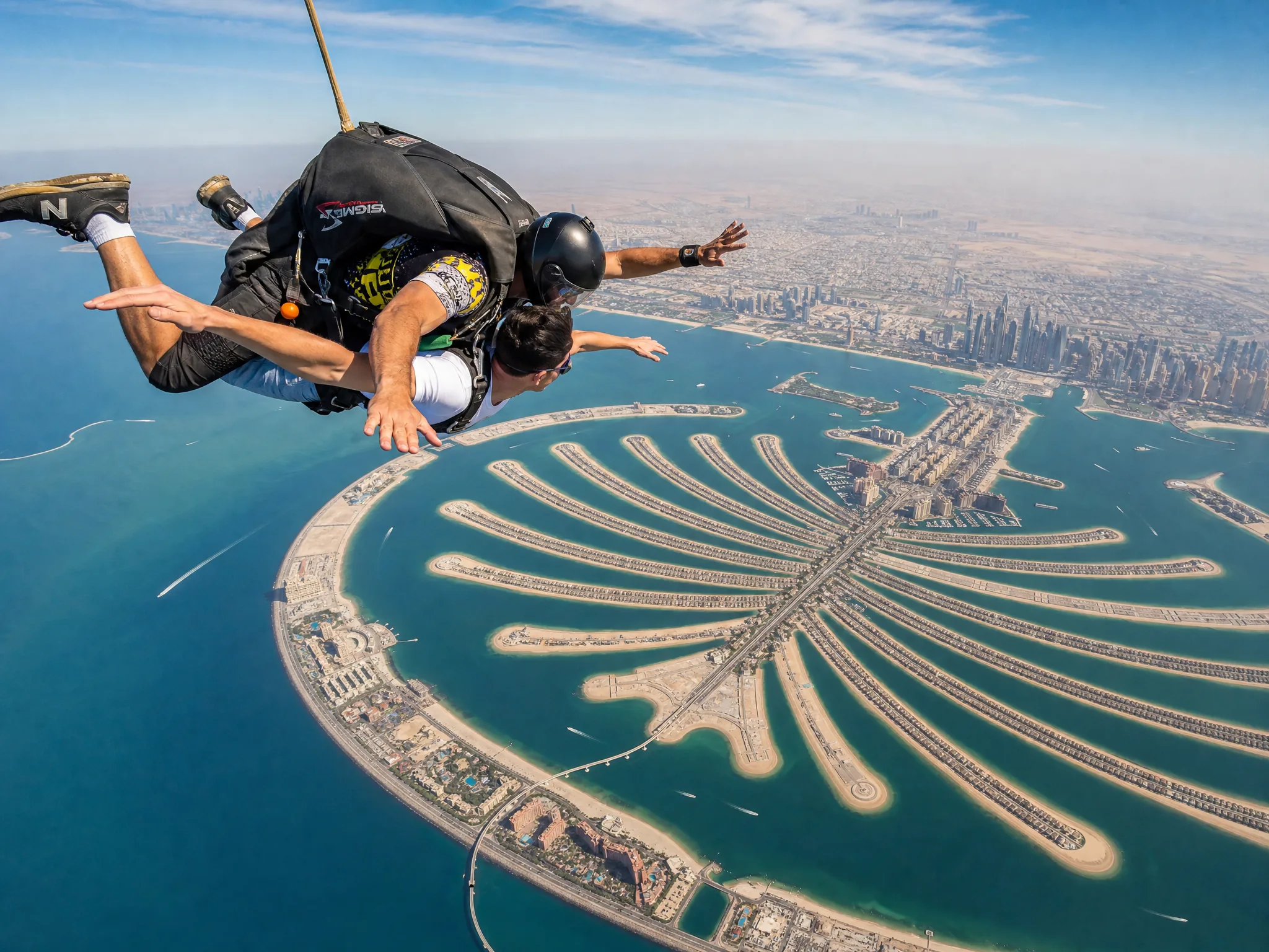 Прыжок с парашютом над Palm — tandem skydive над Palm Jumeirah с aerial coastline view и bucket-list thrill