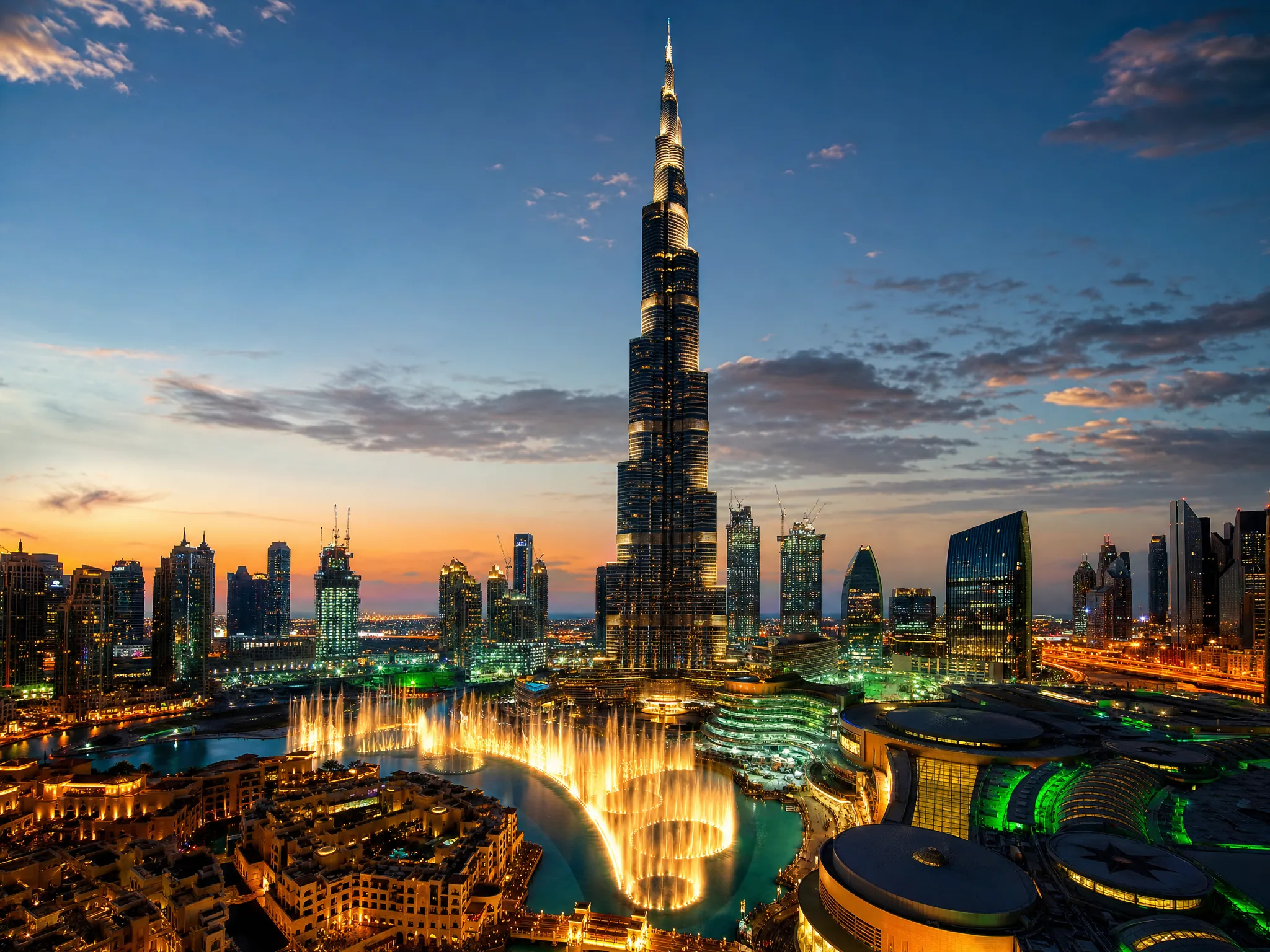 Знакомство с Дубаем — панорамный skyline hero с Burj Khalifa, фонтанами и атмосферой luxury city break
