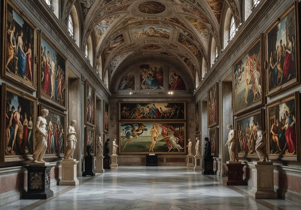 Уффици в Флоренции — grand interior hall с ренессансной живописью и атмосферой cultured Italian travel