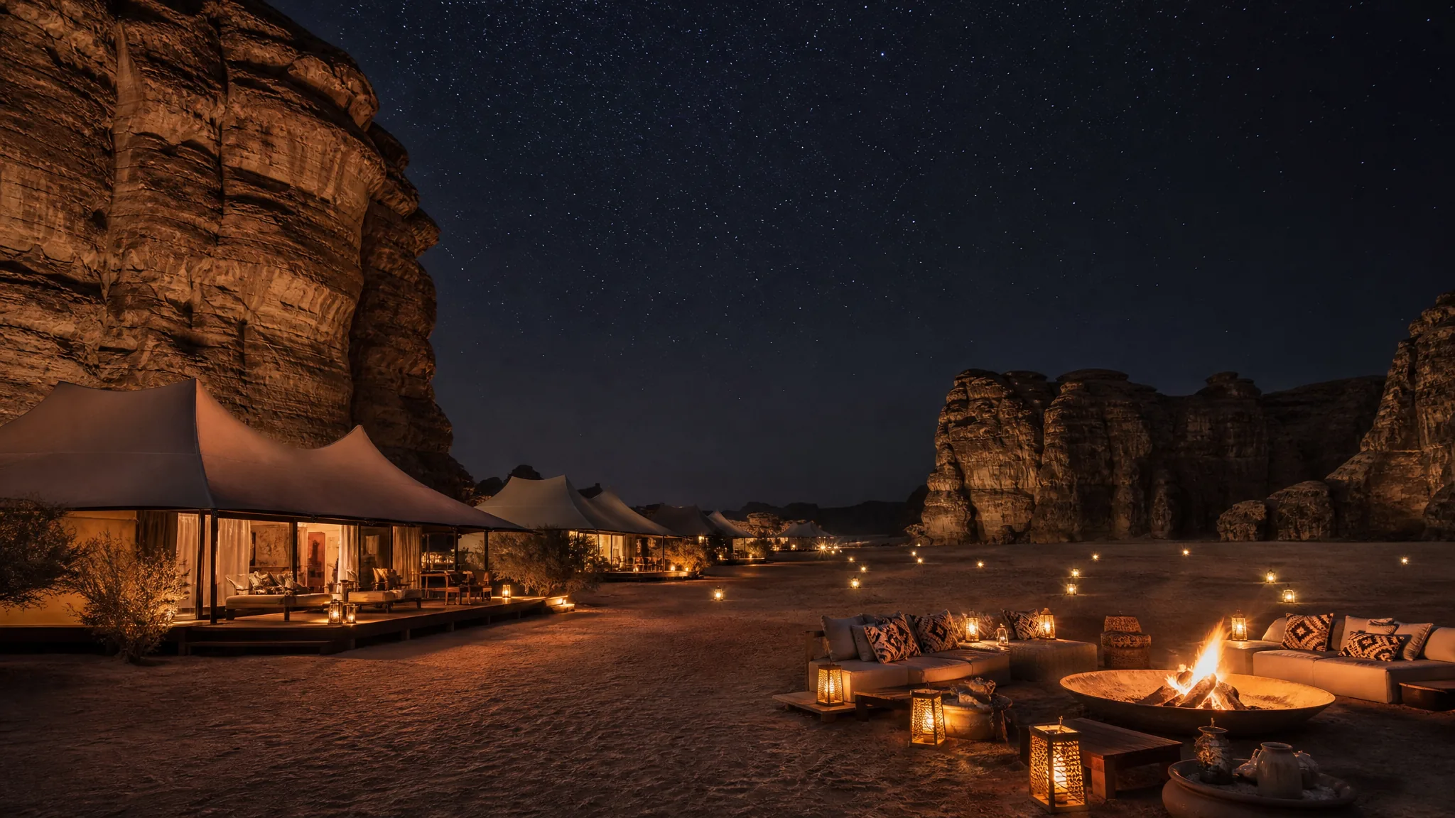 Shaden Resort AlUla — tented camp в каньоне, sandstone formations и звёздная пустынная ночь
