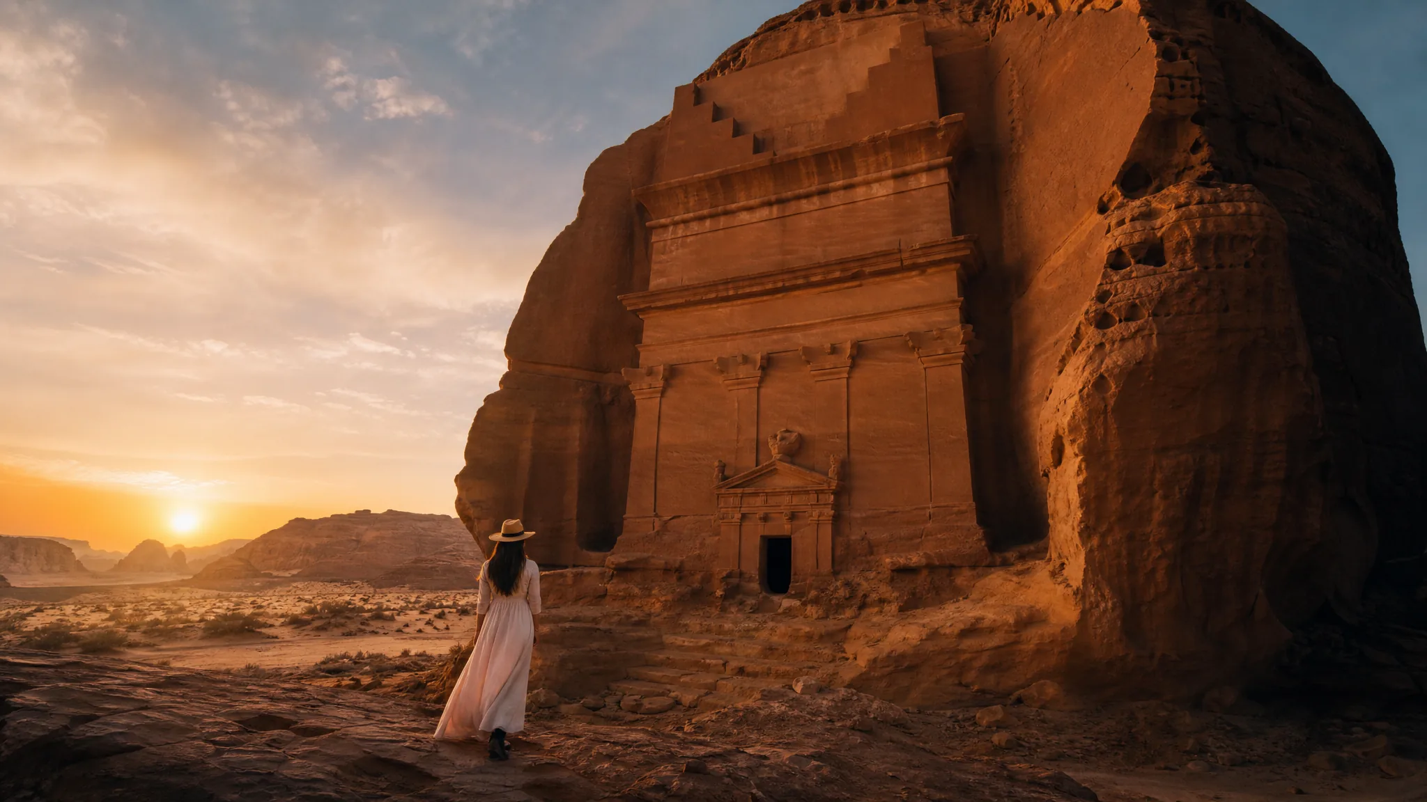 Аль-Ула · загадка пустыни — Hegra Nabataean tomb в розовом песчанике на золотом рассвете
